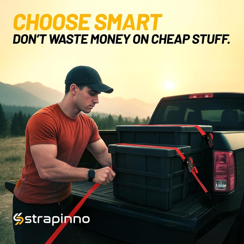 Strapinno Retractable Ratchet Straps 1 in x 10 ft, Secure Tie-Downs with Rubber-Coated Steel Handles, for Motorcycle, Jetski, Kayak, Breaking Strength 1,500LBS/680KG (Red Strap, Black Coated) - Image 5